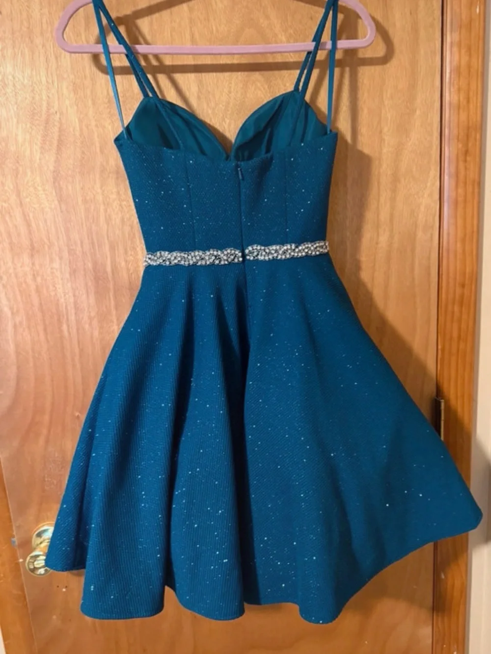 Jovani Teal Sparkle Fit-and-Flare Cocktail Dress with Beaded Waist